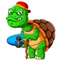 Cartoon old turtle carrying skateboard and holding stick