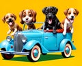 Cartoon old vintage car jalopy comic smile happy puppy dog travel Royalty Free Stock Photo