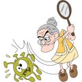 Cartoon old woman beating corona virus vector illustration