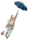 Cartoon old woman character fly with umbrella