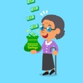 Cartoon old woman earning money stack