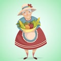 Cartoon old woman farmer character with harvest.