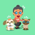 Cartoon old woman and her pets Royalty Free Stock Photo