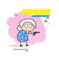 Cartoon Old Woman Showing Gun for Defense Vector Illustration