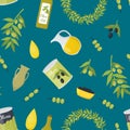 Cartoon Olive Oil Elements Seamless Pattern Background. Vector