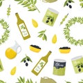 Cartoon Olive Oil Elements Seamless Pattern Background. Vector