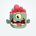 Cartoon one eye zombie head smiling. Halloween vector illustration.