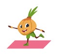 Cartoon onion character doing yoga. Pilates and aerobics training, sport exercises on gymnastic mat. Vegetable mascot