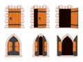 Cartoon open and closed medieval castle door and dungeon gate. Ancient arched wooden, iron and stone gates. Old fortress Royalty Free Stock Photo