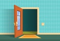 Cartoon open door. Apartment hallway entrance, office lobby. Home entry corridor vector background