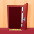 Cartoon open door template. House or room opened doors, entrance in new world metaphor. Opportunity, welcome home