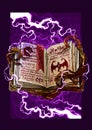 Cartoon open magic spell book with lightning