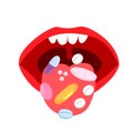 Cartoon open mouth with pills and tablets. Person takes medication