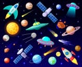 Cartoon open space. Planets, cosmic celestial bodies, rockets, spaceships and ufo, astronomy stars, spacecrafts vector