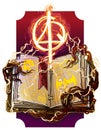 Cartoon open spell book with magic symbol