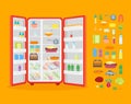 Cartoon Opened Refrigerator Full Of Food and Elements Part . Vector Royalty Free Stock Photo