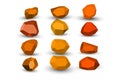 Cartoon orange, brown stones. Rock stone isometric set. Colorful boulders, natural building block shapes, wall stones Royalty Free Stock Photo