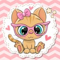 Cartoon orange Kitten girl in pink eyeglasses with a bow