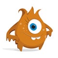 Cartoon orange monster. Bacteria with large eyes, teeth, hands, feet. Microorganism on a white background.