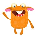 Cartoon orange monster character. Vector illustration of troll, gremlin or goblin waving hand.