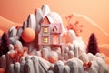 Cartoon Orange Paper House with Clouds extreme closeup. Generative AI