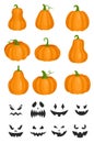 Cartoon orange pumpkin jack lantern, angry carved black faces for autumn helloween party isolated on white. Halloween Royalty Free Stock Photo