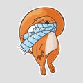 Cartoon orange squirrel in a blue scarf rewound its face. Vector sticker Royalty Free Stock Photo