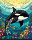 Cartoon Orca colorful illustration happy underwater whale swimming in coral reef Royalty Free Stock Photo