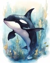 Cartoon Orca watercolor illustration happy underwater whale swimming in coral reef Royalty Free Stock Photo