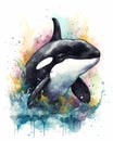 Cartoon Orca watercolor illustration happy underwater whale swimming in coral reef Royalty Free Stock Photo