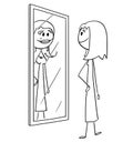 Cartoon of Ordinary Woman or Girl Looking at Herself at Mirror and Seeing Yourself More Attractive Royalty Free Stock Photo