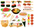 Cartoon oriental asian cuisine street food delicious dishes. Japanese food, noodles, sashimi, seafood sushi rolls vector