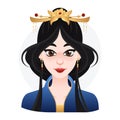 Cartoon oriental beautifull woman. Long black hair with crown on top. Asian princess illustration for web, game or