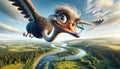 Flying Ostrich with Glasses Over Scenic Landscape