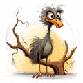 Cartoon Ostrich On Tree Branch: Rusty Debris Style Illustration