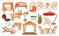 Cartoon outdoor furniture. Living patio exterior isolated elements, cozy wicker rattan chairs garden barbecue, backyard