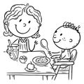 Cartoon outline family eating. Illustration of mom feeding child