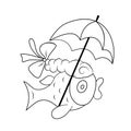 Cartoon outline fish with umbrella for coloring