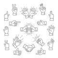 Cartoon outline signs of one hand and two hands. Lined clapping applauding icons