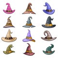 Cartoon outline witch hat decoration halloween icons set isolated design vector illustration Royalty Free Stock Photo