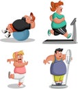 Cartoon over weight athletes training. Fat people working out.