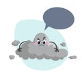 Cartoon overcast storm cloud mascot. Weather rain and storm symbol. Speaking character with dummy speech bubble and little clouds