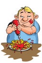 Cartoon of overweight man eating