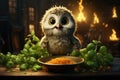 Cartoon owl with basil and grated cheese