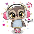 Cartoon Owl girl with headphones on a white background