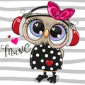 Cartoon Owl girl with pink headphones on a striped background