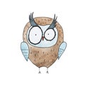 Cartoon owl hand drawn Watercolor aquarelle illustration