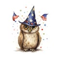 cartoon owl in a hat with the american flag and confetti AI generated