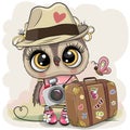 Cartoon Owl in a hat with luggage