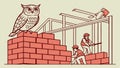 Cartoon owl overseeing construction workers building a brick wall vector design Generative AI Royalty Free Stock Photo